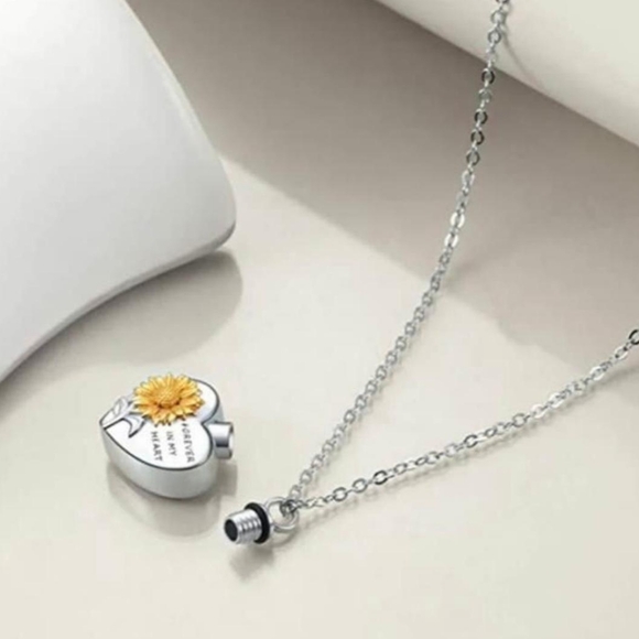 Heart Sunflower Cremation Ash Pendant Memorial Keepsake Urn Necklace - Picture 5 of 5